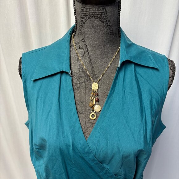 Worthington Wrap Top Womens Sz Large Petite Teal Stretch Sleeveless Collared NEW - Picture 2 of 8